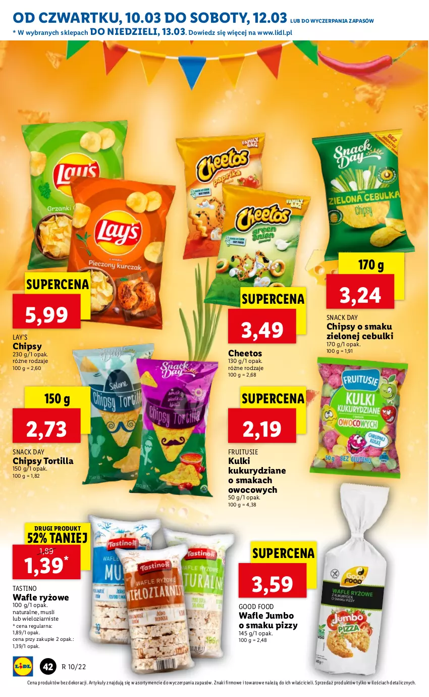 Gazetka promocyjna Lidl - GAZETKA - ważna 10.03 do 13.03.2022 - strona 42 - produkty: Cheetos, Chipsy, Lay’s, Mus, Ryż, Tortilla, Wafle