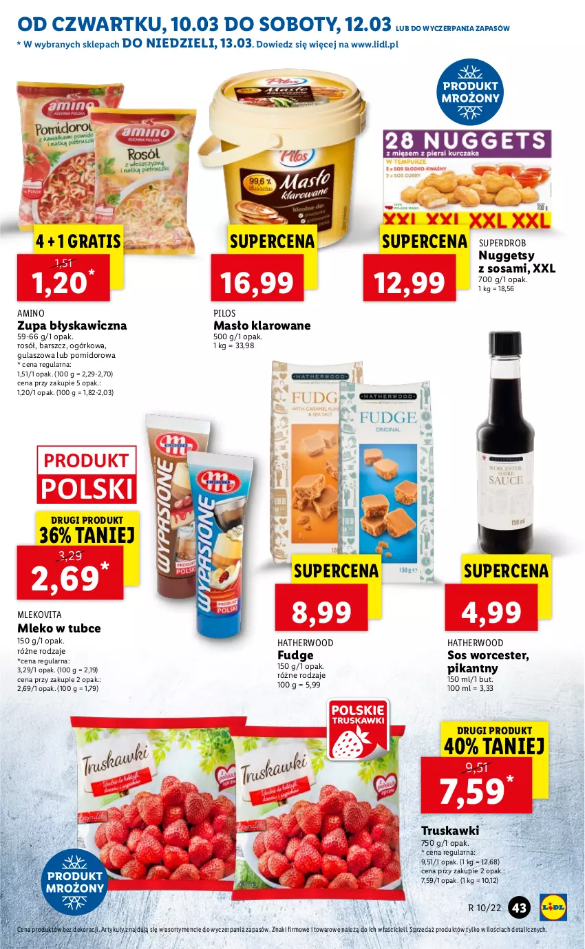 Gazetka promocyjna Lidl - GAZETKA - ważna 10.03 do 13.03.2022 - strona 43 - produkty: Gra, Masło, Masło klarowane, Mleko, Mlekovita, Pilos, Rosół, Sos, Truskawki, Zupa