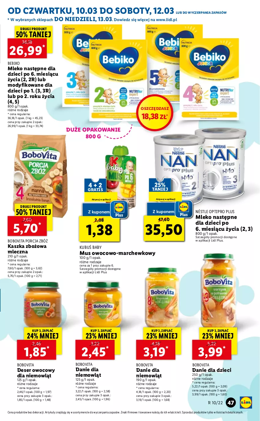 Gazetka promocyjna Lidl - GAZETKA - ważna 10.03 do 13.03.2022 - strona 47 - produkty: Bebiko, BoboVita, Danie dla dzieci, Deser, Deser owocowy, Dzieci, Gra, Kubuś, Mleko, Mus, O nas, Por, Ser