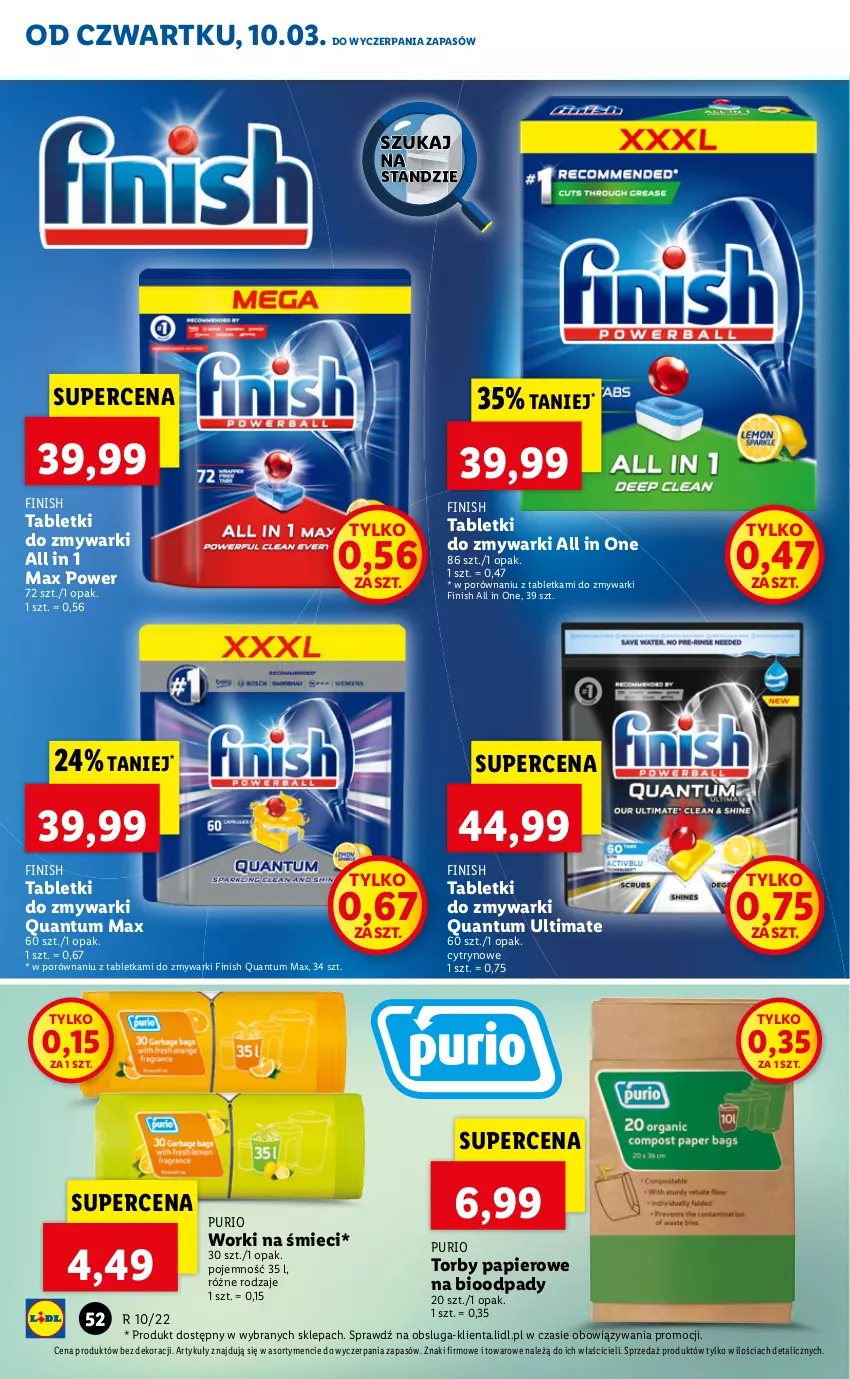 Gazetka promocyjna Lidl - GAZETKA - ważna 10.03 do 13.03.2022 - strona 52 - produkty: Finish, Papier, Por, Pur, Tablet, Tabletki do zmywarki, Worki na śmiec, Worki na śmieci, Zmywarki