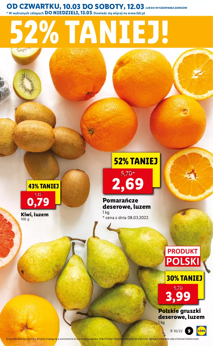 Gazetka promocyjna Lidl - GAZETKA - ważna 10.03 do 13.03.2022 - strona 9 - produkty: Deser, Gruszki, Kiwi, Pomarańcze, Ser