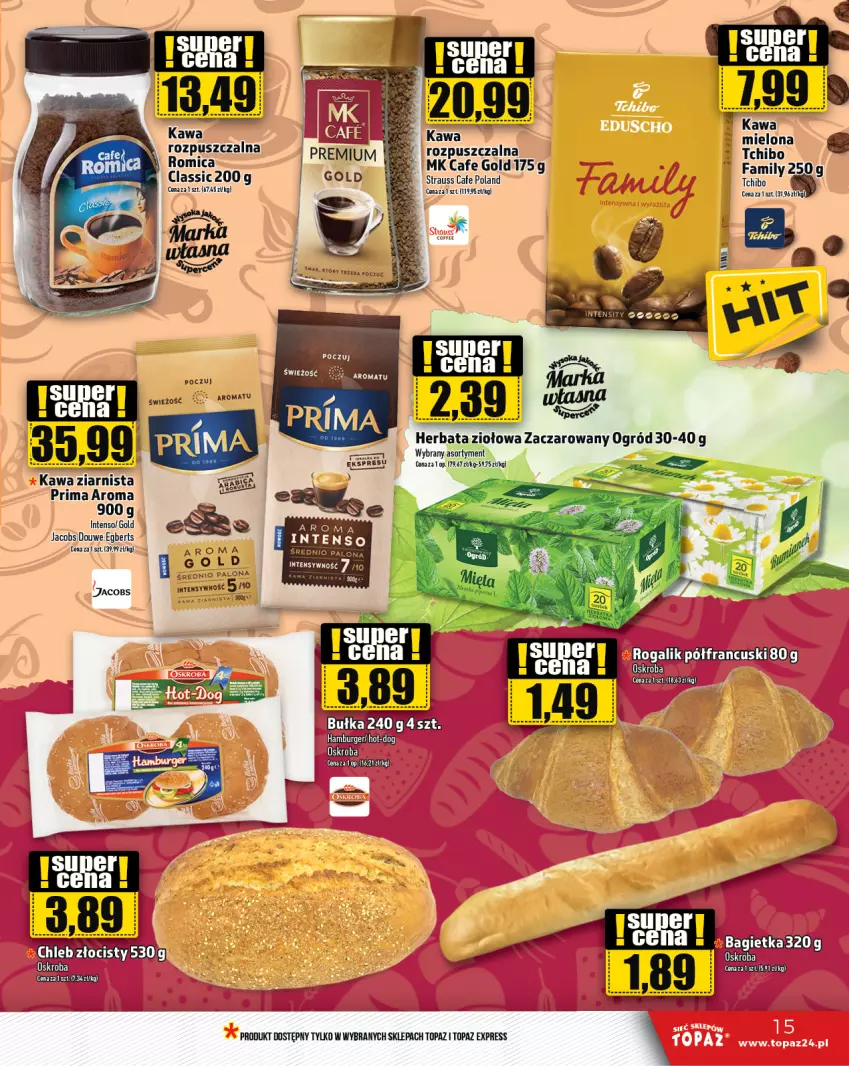 Gazetka promocyjna Topaz - Gazetka - ważna 11.01 do 17.01.2024 - strona 15 - produkty: Burger, Hamburger, Herbata, Jacobs, Kawa, Ogród, Prima, Rogal, Tchibo, Top