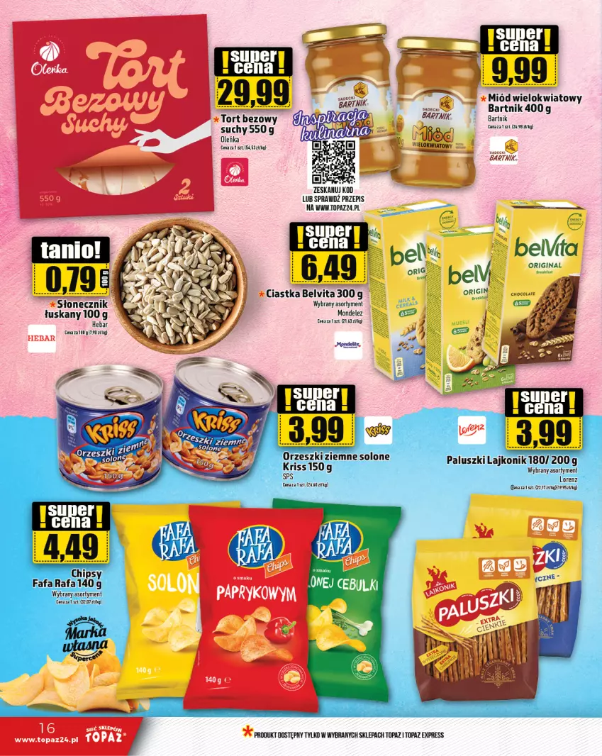 Gazetka promocyjna Topaz - Gazetka - ważna 11.01 do 17.01.2024 - strona 16 - produkty: BelVita, Chipsy, Ciastka, Fa, Lajkonik, Lorenz, Miód, Orzeszki, Orzeszki ziemne, Top