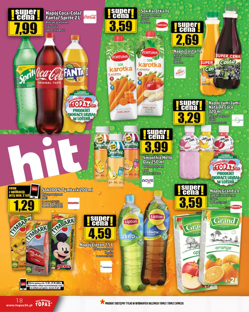 Gazetka promocyjna Topaz - Gazetka - ważna 11.01 do 17.01.2024 - strona 18 - produkty: Coca-Cola, Gin, Gra, Hortex, Lipton, Napój, Noż, Pepsi, Smoothie, Sok, Top, Tymbark