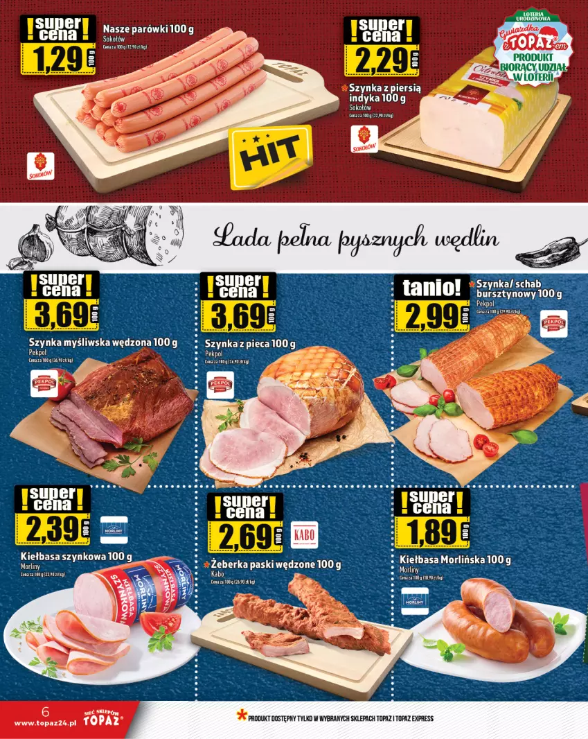 Gazetka promocyjna Topaz - Gazetka - ważna 11.01 do 17.01.2024 - strona 6 - produkty: Parówki, Sok, Sokołów, Szynka, Top