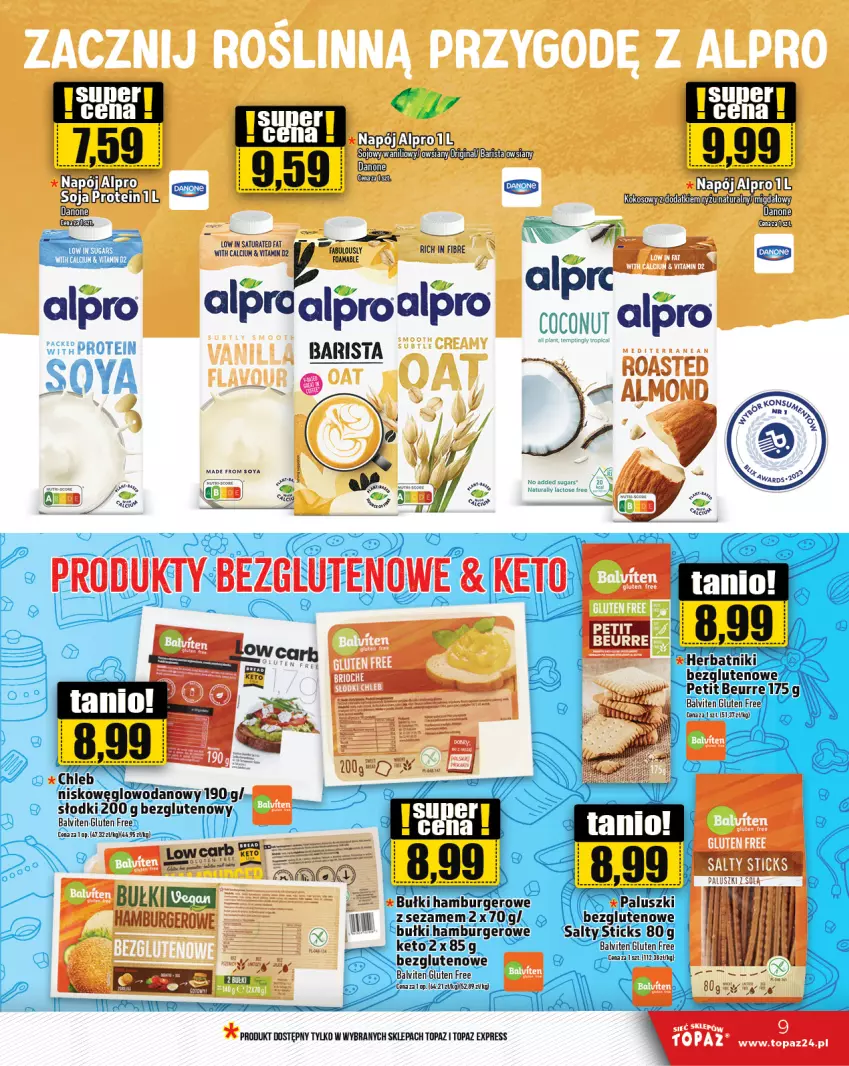 Gazetka promocyjna Topaz - Gazetka - ważna 11.01 do 17.01.2024 - strona 9 - produkty: Alpro, Burger, Danone, Fa, Gin, Hamburger, Sezam, Top, Woda