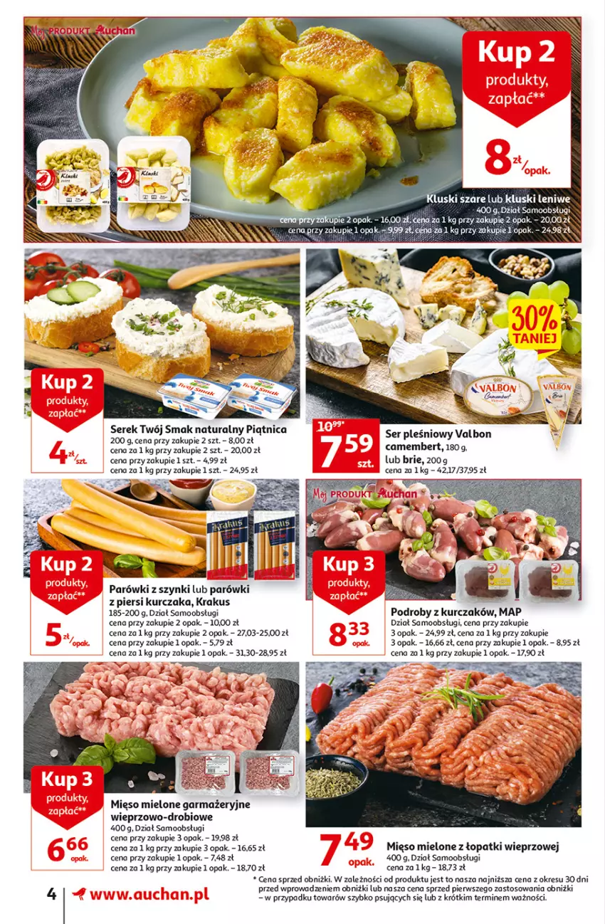 Gazetka promocyjna Auchan - Gazetka Rewelacyjne Wielopaki Supermarket Auchan - ważna 23.02 do 01.03.2023 - strona 4 - produkty: Brie, Camembert, Krakus, Kurczak, Mięso, Mięso mielone, Mięso mielone z łopatki wieprzowej, O nas, Piątnica, Ser, Ser pleśniowy, Serek, Twój Smak