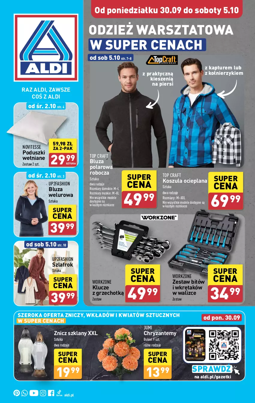 Gazetka promocyjna Aldi - Artykuły przemysłowe i tekstylia - ważna 30.09 do 05.10.2024 - strona 1 - produkty: Bluza, Bluza polarowa, Bukiet, Fa, Kosz, Koszula, LANA, Szlafrok, Top, Wkręt, Znicz