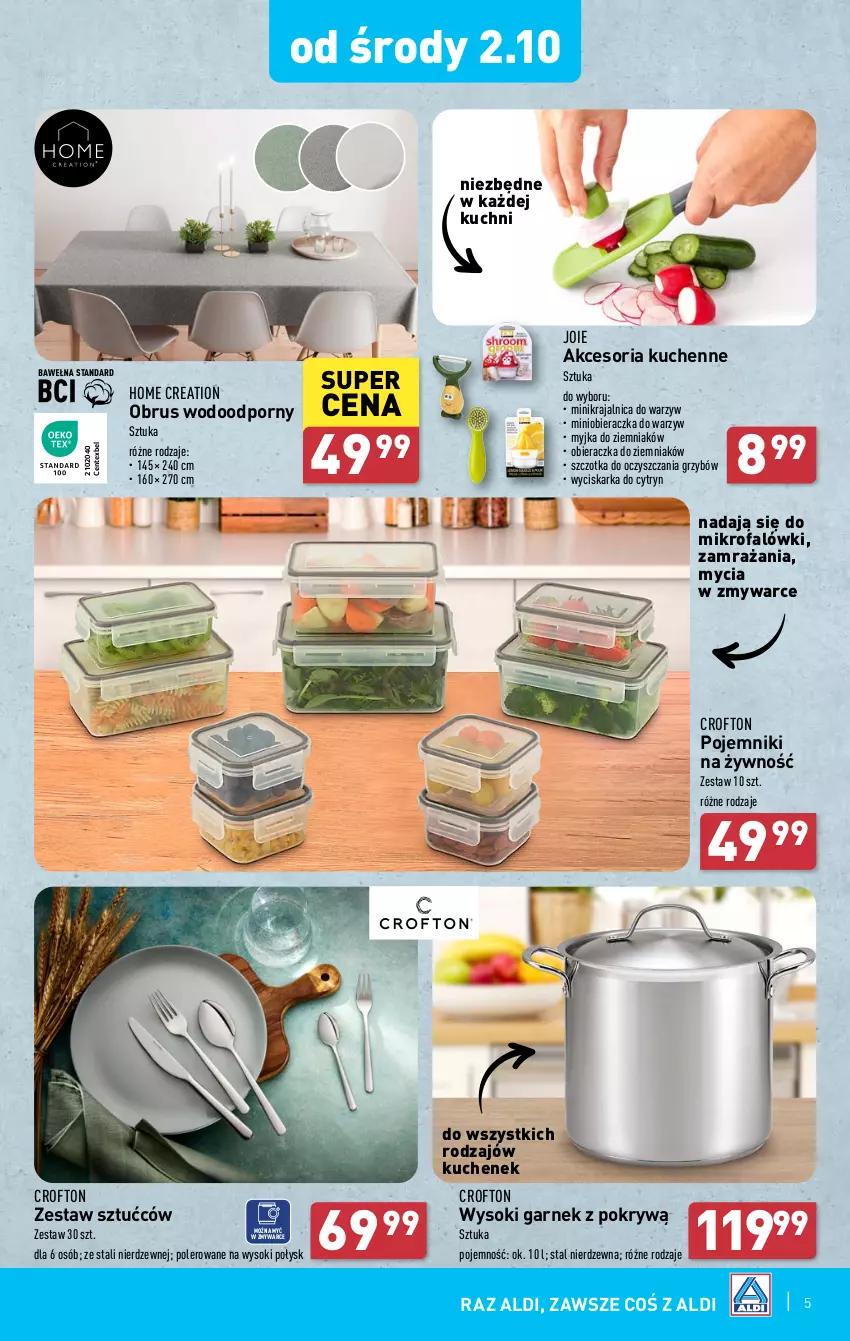 Gazetka promocyjna Aldi - Artykuły przemysłowe i tekstylia - ważna 30.09 do 05.10.2024 - strona 5 - produkty: Fa, Garnek, Garnek z pokrywą, Obieraczka, Obrus, Pojemnik, Por, Sok, Szczotka, Wyciskarka, Zestaw sztućców