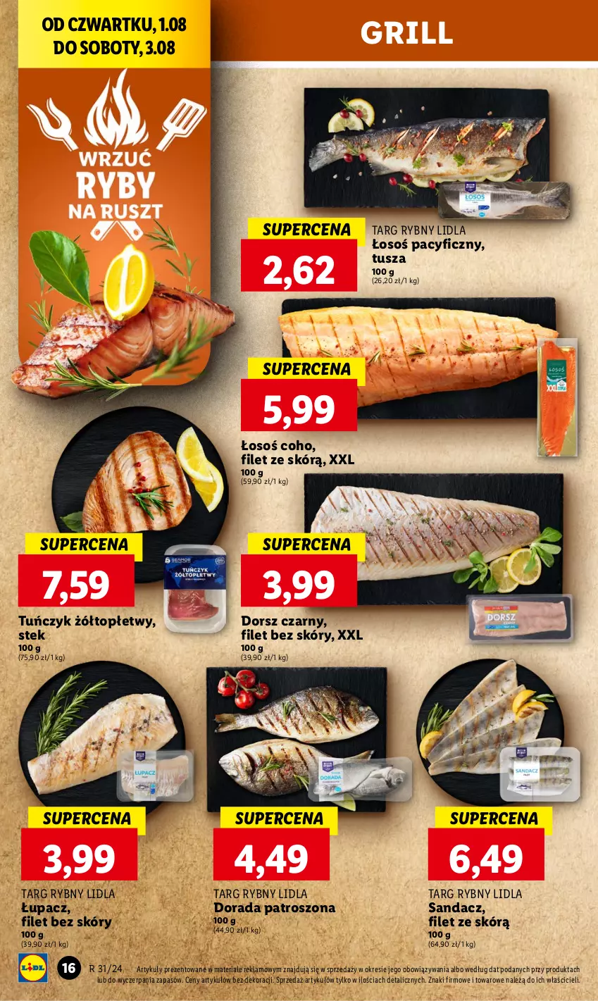 Gazetka promocyjna Lidl - GAZETKA - ważna 01.08 do 03.08.2024 - strona 18 - produkty: Dorsz, Grill, Sandacz, Stek, Top, Tuńczyk, Tusz