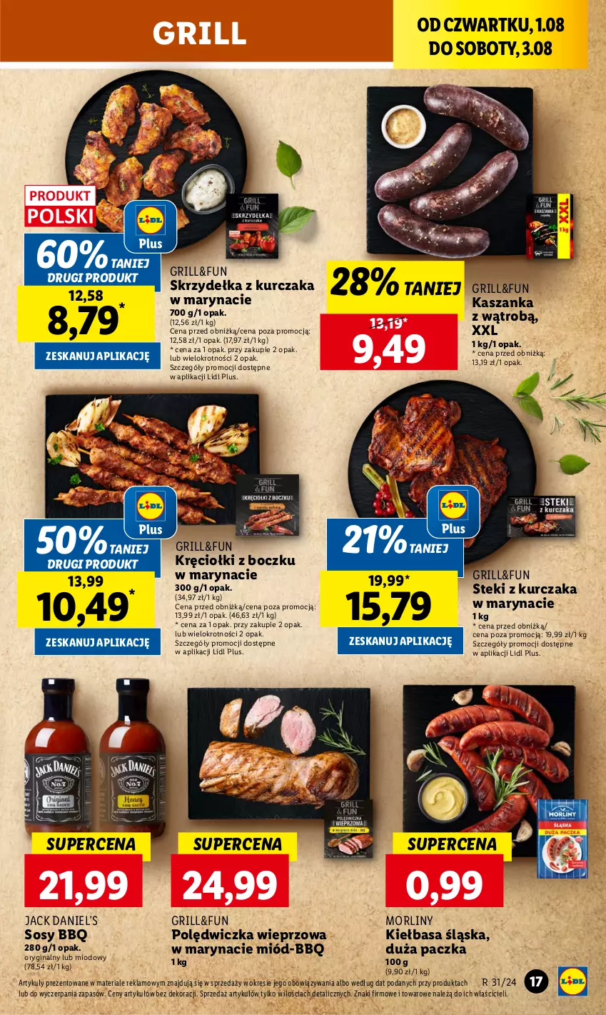 Gazetka promocyjna Lidl - GAZETKA - ważna 01.08 do 03.08.2024 - strona 19 - produkty: Gin, Grill, Kasza, Kaszanka, Kiełbasa, Kiełbasa śląska, Kurczak, Miód, Morliny, Polędwiczka wieprzowa, Skrzydełka z kurczaka, Sos, Stek