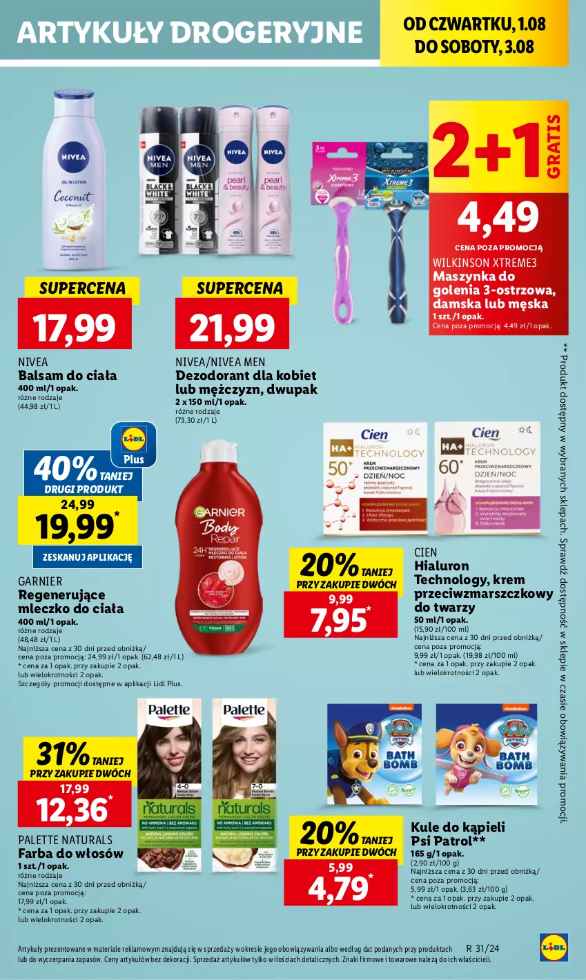 Gazetka promocyjna Lidl - GAZETKA - ważna 01.08 do 03.08.2024 - strona 37 - produkty: Balsam do ciała, Dezodorant, Fa, Farba do włosów, Garnier, Gra, Krem przeciwzmarszczkowy, Mars, Maszynka, Maszynka do golenia, Mleczko, Mleczko do ciała, Nivea, Nivea Men, Palette, Psi Patrol, Szynka