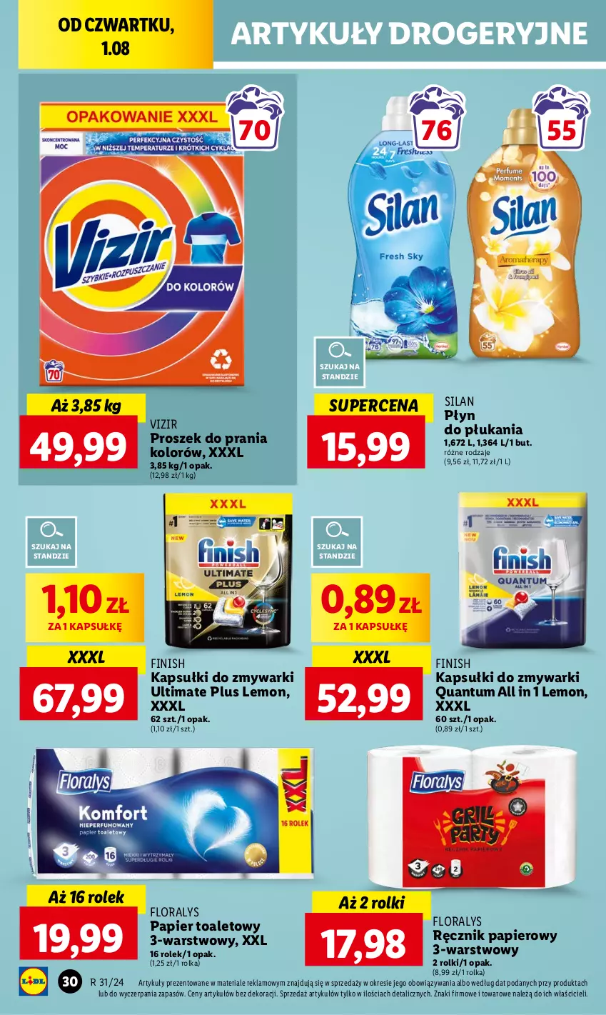 Gazetka promocyjna Lidl - GAZETKA - ważna 01.08 do 03.08.2024 - strona 38 - produkty: Finish, Flora, Papier, Papier toaletowy, Płyn do płukania, Proszek do prania, Ręcznik, Rolki, Silan, Vizir, Zmywarki