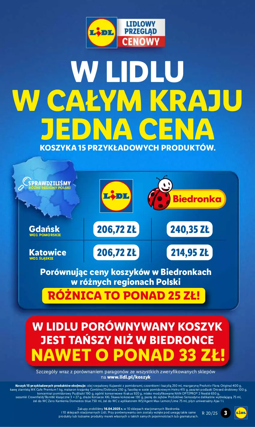 Gazetka promocyjna Lidl - GAZETKA - ważna 12.05 do 14.05.2025 - strona 3 - produkty: Ajax, Bazyl, Bonitki, Domestos, Dron, Fa, Flora, Gin, Gra, Heinz, Kawa, Kokos, Koncentrat pomidorowy, Kosz, Krakus, Kujawski, Makaron, Mleko, Mleko modyfikowane, NAN Optipro, Nestlé, Obrus, Ogórki konserwowe, Olej, Olej rzepakowy, Pasztet, Podlaski, Por, Pudliszki, Rama, Sensodyne, Ser, Sezam, Sos