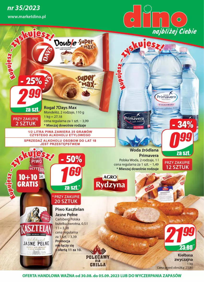 Gazetka promocyjna Dino - Gazetka 35 - ważna 29.08 do 06.09.2023 - strona 1 - produkty: Carlsberg, Grill, JBL, Kasztelan, Kiełbasa, LANA, Piwo, Prima, Primavera, Rogal, Woda