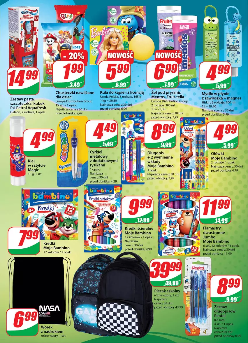 Gazetka promocyjna Dino - Gazetka 35 - ważna 29.08 do 06.09.2023 - strona 21 - produkty: Aquafresh, Chusteczki, Długopis, Flamastry, Kubek, Kula do kąpieli, Leon, Mydło, Mydło w płynie, Plecak, Psi Patrol