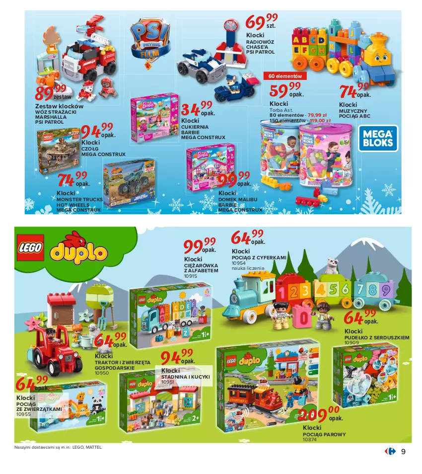 Gazetka promocyjna Carrefour - Gazetka Carrefour Zabawki - ważna 02.11 do 28.11.2021 - strona 9 - produkty: Barbie, Cukier, Fa, Hot Wheels, Klocki, LEGO, Malibu, Mars, Mattel, Monster truck, Pociąg, Psi Patrol, Pudełko, Ser, Torba, Traktor, Wóz strażacki, Zwierzęta