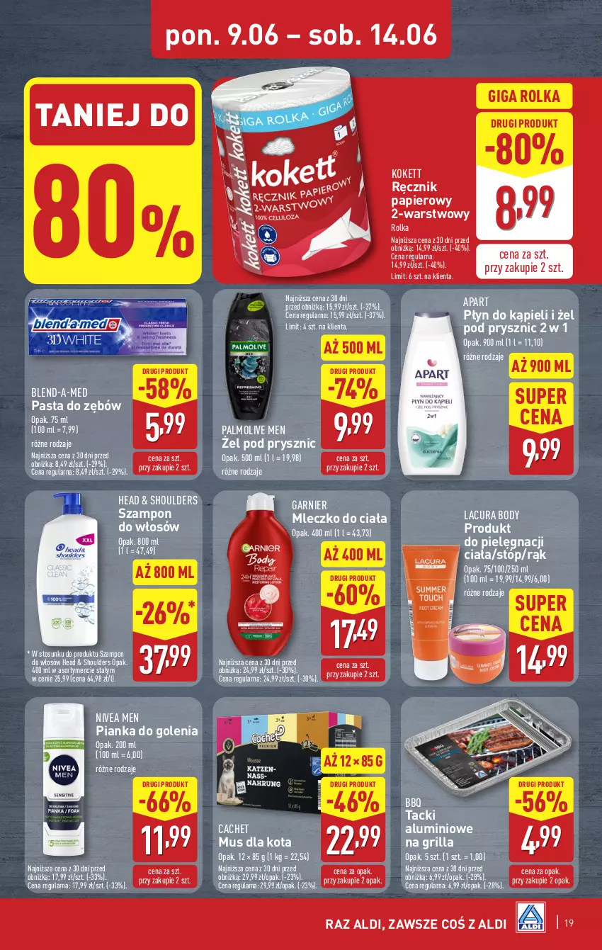 Gazetka promocyjna Aldi - Pełna oferta - ważna 09.06 do 14.06.2025 - strona 19 - produkty: Blend-a-Med, Body, Garnier, Grill, Mleczko, Mleczko do ciała, Mus, Nivea, Nivea Men, Palmolive, Papier, Pasta do zębów, Pianka do golenia, Płyn do kąpieli, Ręcznik, Szampon