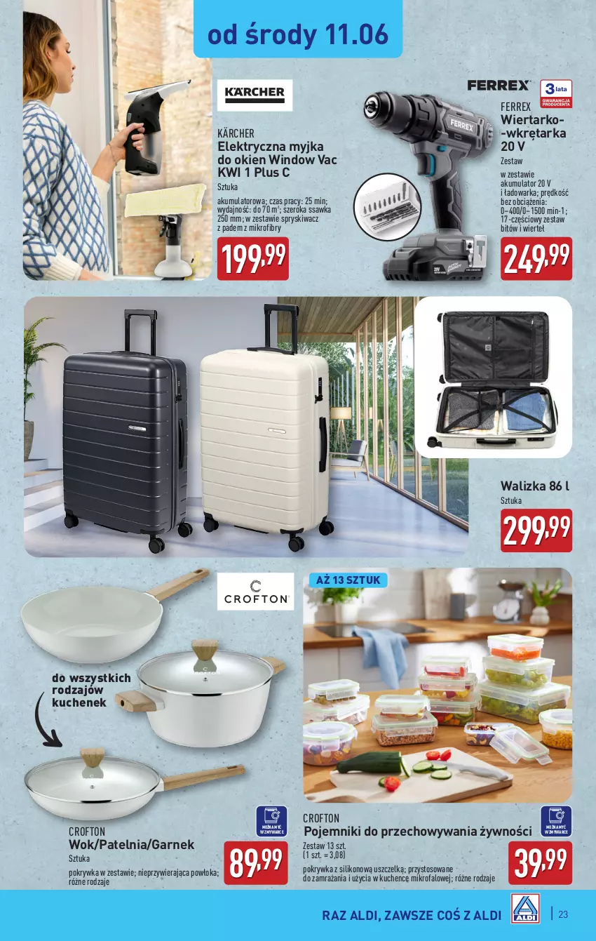 Gazetka promocyjna Aldi - Pełna oferta - ważna 09.06 do 14.06.2025 - strona 23 - produkty: Akumulator, Fa, Garnek, Kärcher, Myjka do okien, Patelnia, Pojemnik, Tarka, Walizka, Warka, Wkręt, Wkrętarka
