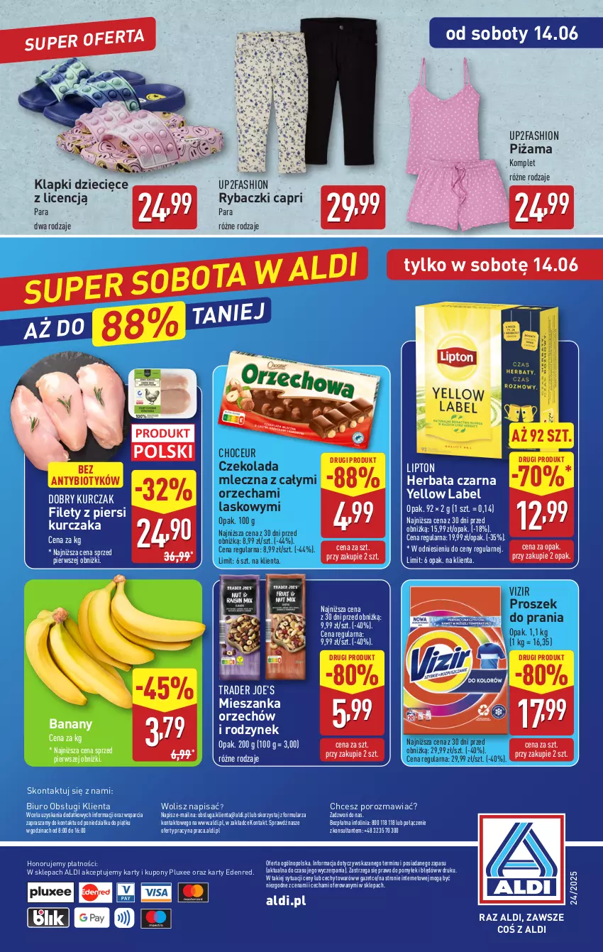 Gazetka promocyjna Aldi - Pełna oferta - ważna 09.06 do 14.06.2025 - strona 38 - produkty: Banany, Biuro, Czekolada, Czekolada mleczna, Dzieci, Fa, Herbata, Herbata czarna, Klapki, Kurczak, Lipton, O nas, Piżama, Por, Proszek do prania, Ryba, Vizir