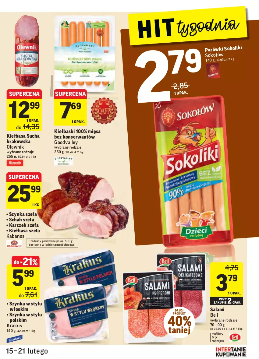 Gazetka promocyjna Intermarche - Gazetka promocyjna - ważna 15.02 do 21.02.2022 - strona 13 - produkty: Bell, Fa, Kabanos, Kiełbasa, Krakus, Olewnik, Parówki, Parówki sokoliki, Salami, Ser, Sok, Szynka