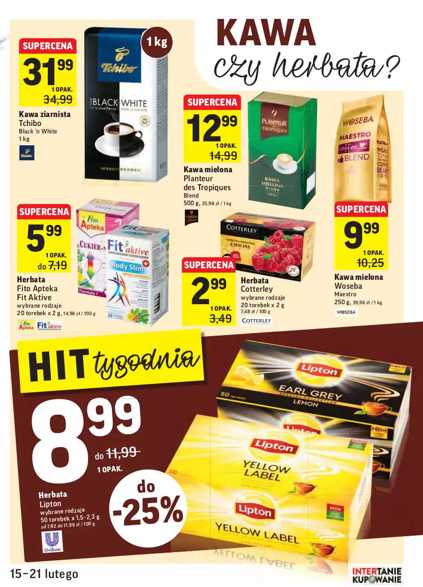 Gazetka promocyjna Intermarche - Gazetka promocyjna - ważna 15.02 do 21.02.2022 - strona 23 - produkty: Apteka, Herbata, Kawa, Kawa mielona, Kawa ziarnista, Lack, Lipton, Tchibo, Woseba