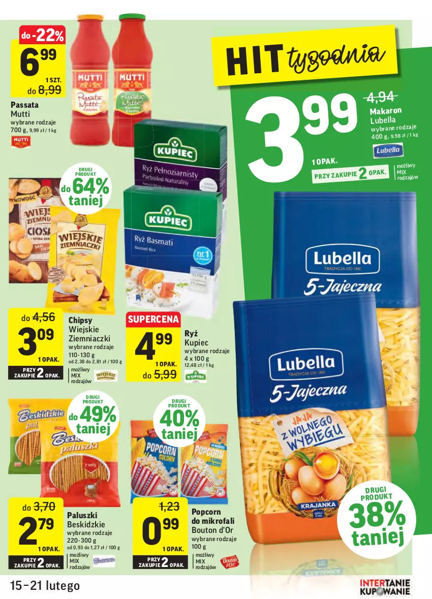 Gazetka promocyjna Intermarche - Gazetka promocyjna - ważna 15.02 do 21.02.2022 - strona 27 - produkty: Bell, Bella, Beskidzki, Chipsy, Fa, Kupiec, Lubella, Makaron, Piec, Popcorn, Ryż