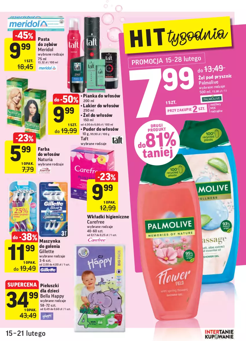 Gazetka promocyjna Intermarche - Gazetka promocyjna - ważna 15.02 do 21.02.2022 - strona 31 - produkty: Bell, Bella, Carefree, Dzieci, Fa, Farba do włosów, Gillette, Lakier, Lakier do włosów, Maszynka, Palmolive, Pasta do zębów, Pianka do włosów, Puder, Szynka, Taft, Wkładki