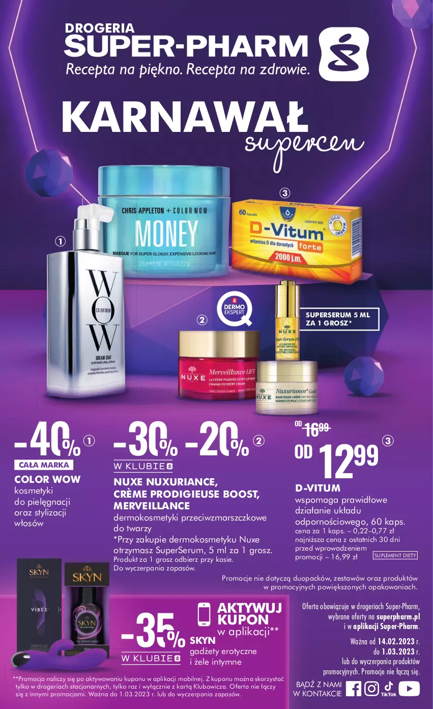 Gazetka promocyjna Super Pharm - Gazetka - ważna 14.02 do 01.03.2023 - strona 1 - produkty: D-Vitum, Kosmetyki do pielęgnacji, Mars, Mobil, Nuxe, Por, Rum, Ser, Serum, Skyn, Suplement diety