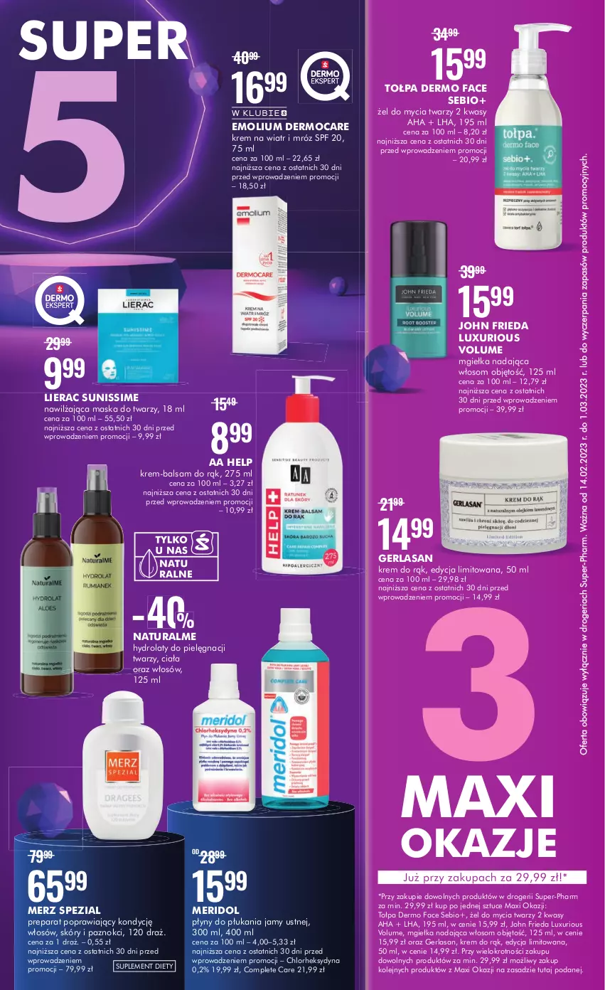 Gazetka promocyjna Super Pharm - Gazetka - ważna 14.02 do 01.03.2023 - strona 2 - produkty: Emolium, Fa, Hydrolat, John frieda, Krem do rąk, Krem na wiatr i mróz, Lierac, Maska, Maska do twarzy, Merz Spezial, Olej, Suplement diety, Tołpa