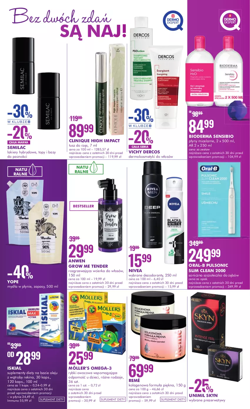 Gazetka promocyjna Super Pharm - Gazetka - ważna 14.02 do 01.03.2023 - strona 3 - produkty: Bioderma, Clin, Clinique, Dezodorant, Dzieci, Iskial, Kolagen, Lakier, Nivea, Olej, Omega-3, Por, Prezerwatyw, Ser, Skyn, Suplement diety, Szczoteczka, Szczoteczka do zębów, Top, Tusz, Unimil, Vichy, Yope