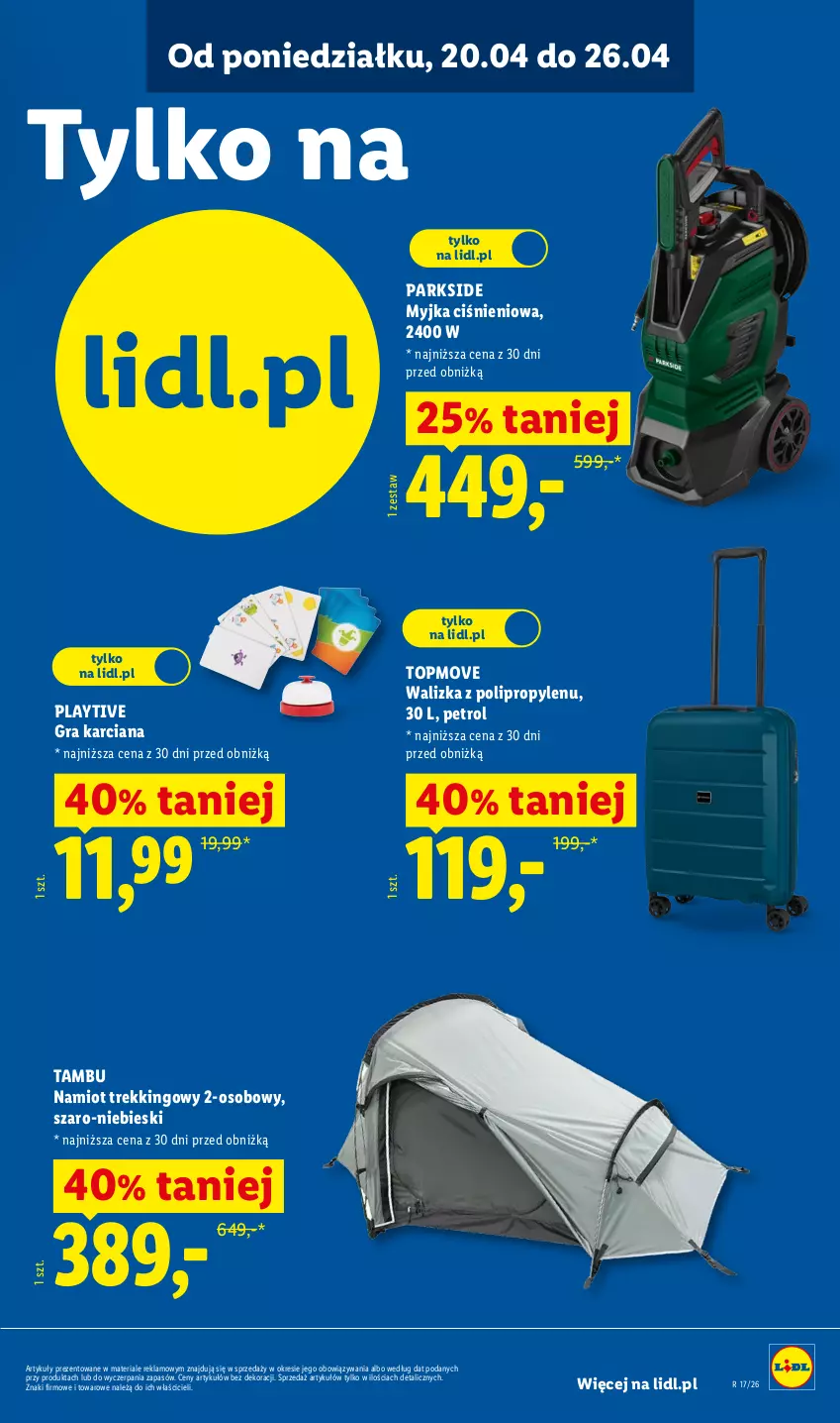 Gazetka promocyjna Lidl - Katalog ważny od 20.04 - ważna 20.04 do 26.04.2026 - strona 23 - produkty: Gra, Myjka ciśnieniowa, Namiot, Parkside, Top, Walizka