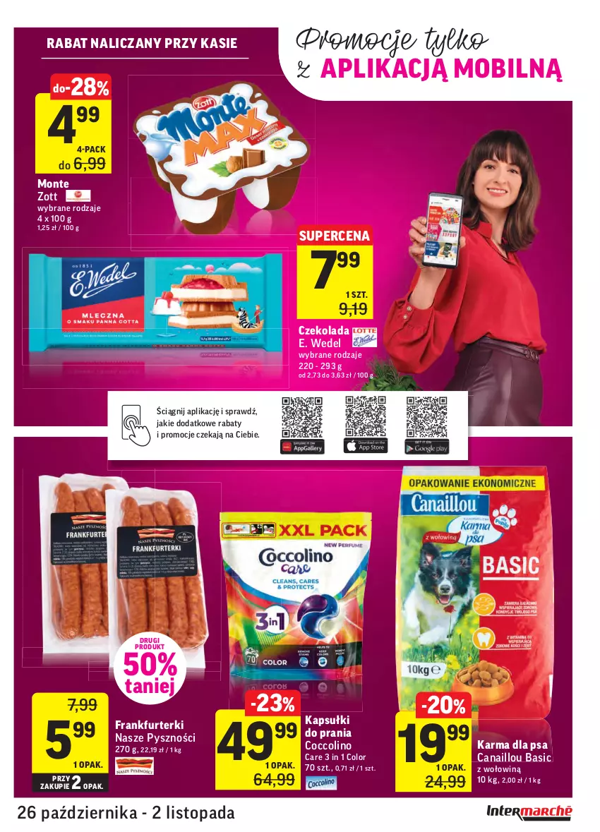 Gazetka promocyjna Intermarche - Wszystkich świętych - ważna 26.10 do 02.11.2021 - strona 25 - produkty: Canaillou, Coccolino, Czekolada, E. Wedel, Frankfurterki, Kapsułki do prania, Mobil, Monte, Top, Zott