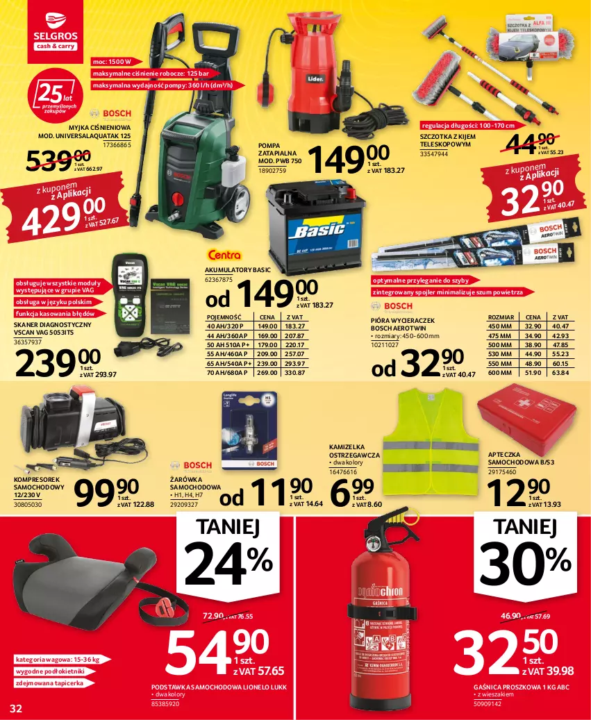 Gazetka promocyjna Selgros - Oferta przemysłowa - ważna 15.06 do 29.06.2022 - strona 32 - produkty: Akumulator, Apteczka samochodowa, Bosch, Gaśnica, Kamizelka, Kije, Kompresor, Lion, Myjka ciśnieniowa, Podstawka samochodowa, Skaner, Szczotka, Tapicerka, Teleskop, Wieszak