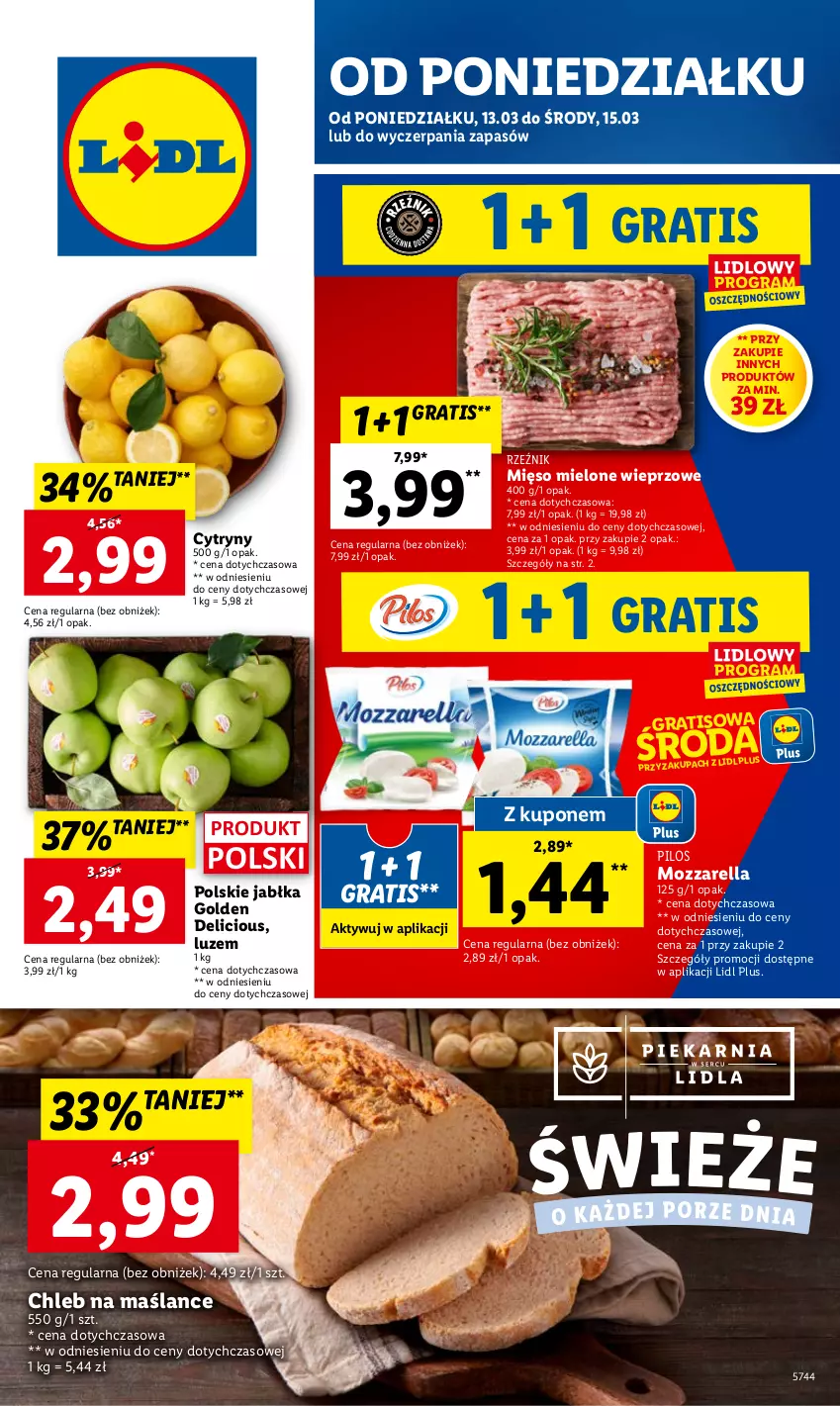 Gazetka promocyjna Lidl - GAZETKA - ważna 13.03 do 15.03.2023 - strona 1 - produkty: Chleb, Cytryny, Gra, Jabłka, Lovi, Mięso, Mięso mielone, Mozzarella, Pilos