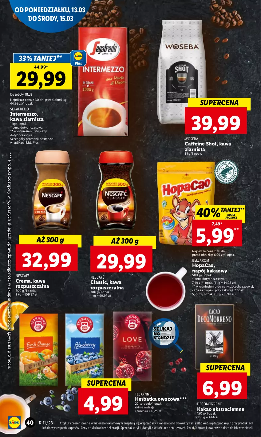 Gazetka promocyjna Lidl - GAZETKA - ważna 13.03 do 15.03.2023 - strona 46 - produkty: Bell, Bella, Kakao, Kawa, Kawa rozpuszczalna, Kawa ziarnista, Napój, Nescafé, Segafredo, Teekanne, Torebka, Woseba