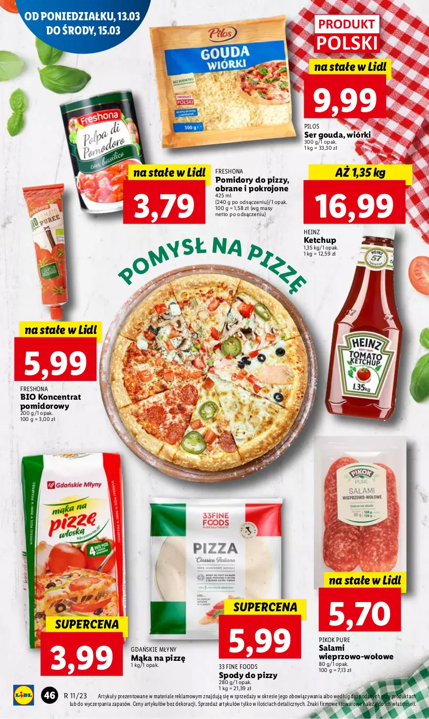 Gazetka promocyjna Lidl - GAZETKA - ważna 13.03 do 15.03.2023 - strona 52 - produkty: Gouda, Heinz, Ketchup, Mąka, PIKOK, Pilos, Pomidory, Pur, Salami, Ser