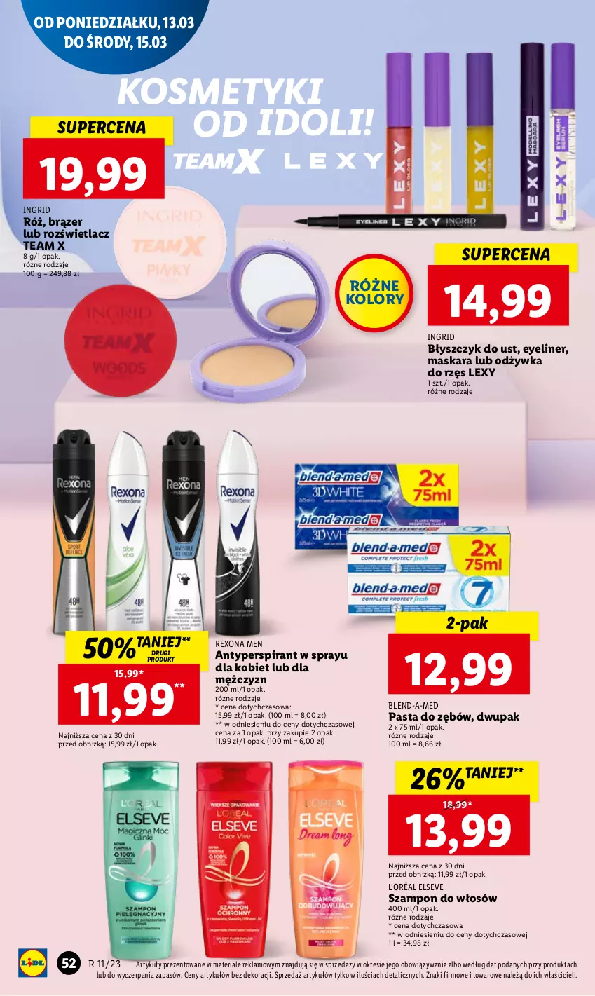 Gazetka promocyjna Lidl - GAZETKA - ważna 13.03 do 15.03.2023 - strona 58 - produkty: Antyperspirant, Blend-a-Med, Błyszczyk do ust, Elseve, GRID, L’Oréal, Maska, Maskara, Odżywka, Pasta do zębów, Rexona, Rozświetlacz, Szampon