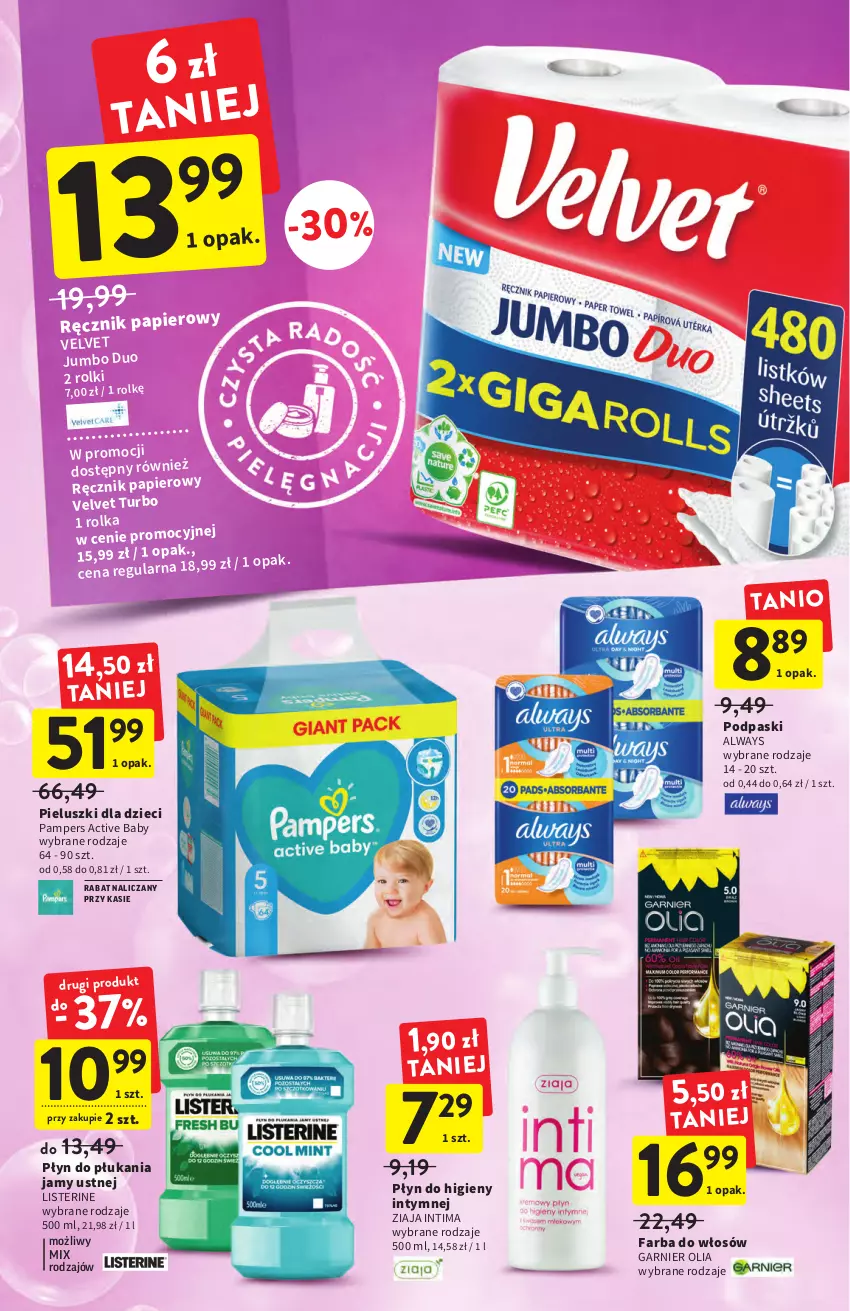 Gazetka promocyjna Intermarche - Start Tygodnia - ważna 27.06 do 29.06.2022 - strona 32 - produkty: Always, Dzieci, Fa, Farba do włosów, Garnier, Listerine, Pampers, Papier, Płyn do higieny intymnej, Płyn do płukania, Płyn do płukania jamy ustnej, Podpaski, Ręcznik, Rolki, Velvet, Ziaja