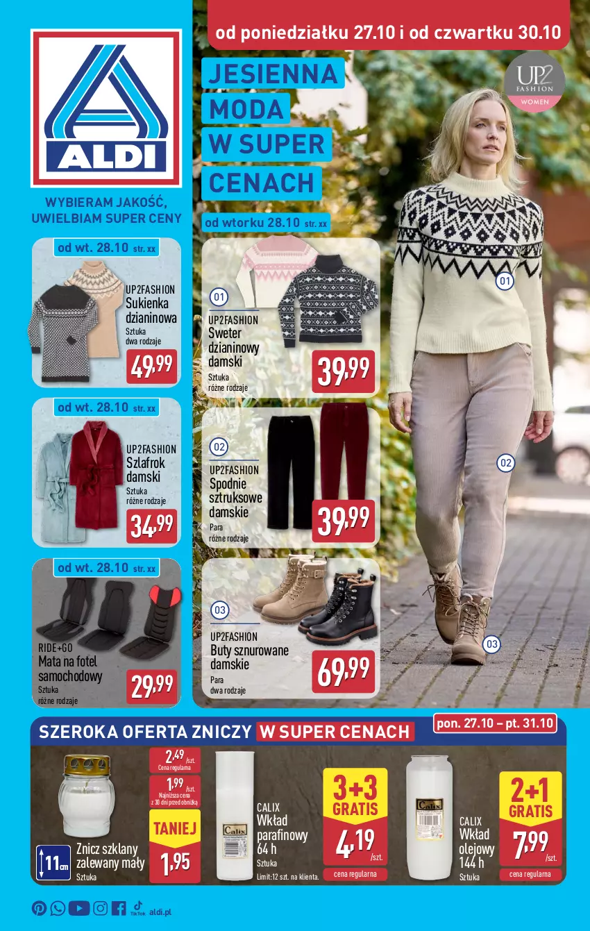 Gazetka promocyjna Aldi - Artykuły przemysłowe i tekstylia - ważna 27.10 do 30.10.2025 - strona 1 - produkty: Buty, Fa, Fotel, Gra, Moda, Olej, Spodnie, Spodnie sztruksowe, Sukienka, Sweter, Szlafrok, Wkład olejowy, Znicz