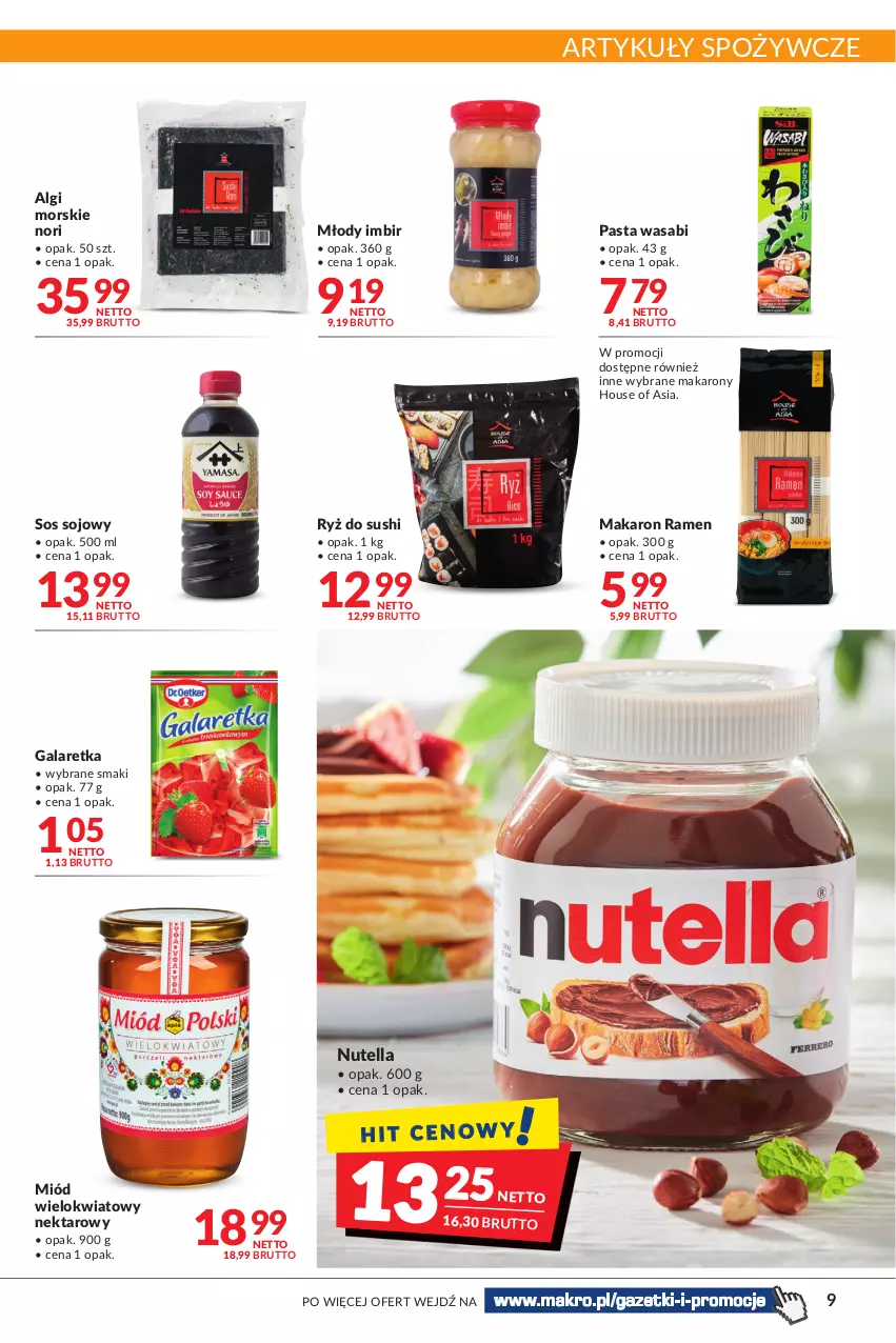 Gazetka promocyjna Makro - [Oferta promocyjna] Artykuły spożywcze i przemysłowe - ważna 08.03 do 21.03.2022 - strona 9 - produkty: Artykuły spożywcze, Gala, Galaretka, House of Asia, Imbir, LG, Makaron, Miód, Nektar, Nutella, Pasta wasabi, Ryż, Ryż do sushi, Sos, Sos sojowy, Sushi, Wasa