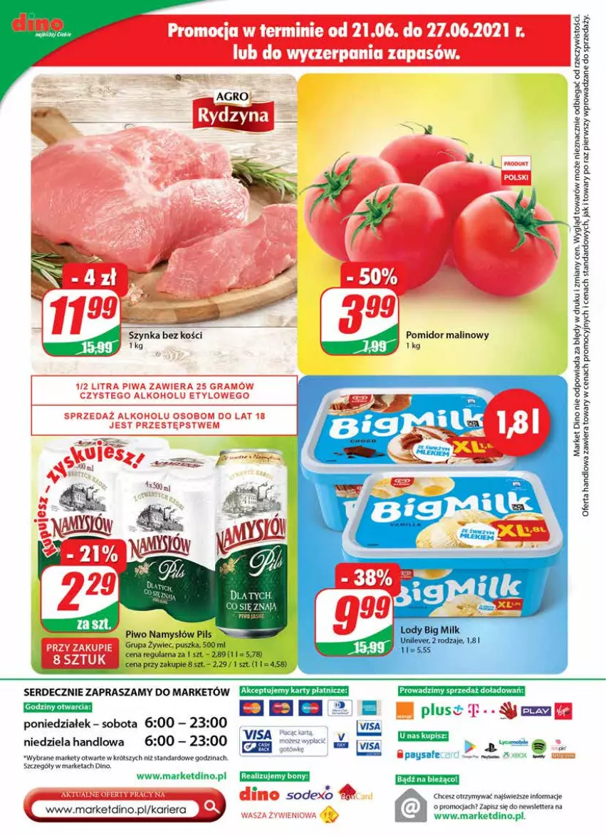 Gazetka promocyjna Dino - Gazetka - ważna 23.06 do 29.06.2021 - strona 24 - produkty: Namysłów, Piwo, Pomidor malinowy, Ser, Szynka, Tera