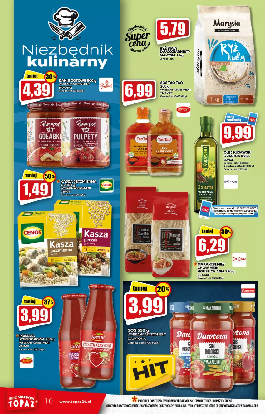 Gazetka promocyjna Topaz - Gazetka - ważna 20.01 do 26.01.2022 - strona 10 - produkty: Danie gotowe, Dawtona, House of Asia, Kujawski, Makaron, Olej, Sok, Sos, Top