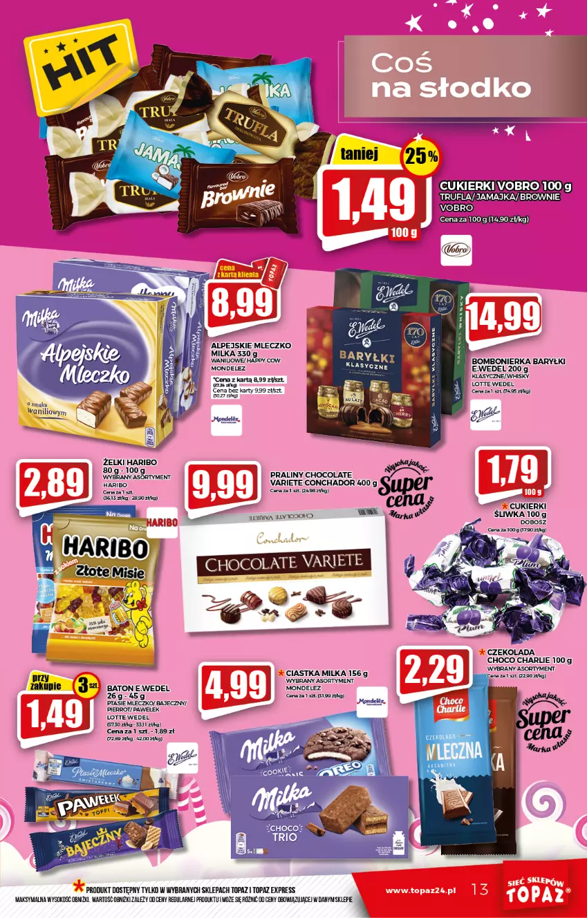 Gazetka promocyjna Topaz - Gazetka - ważna 20.01 do 26.01.2022 - strona 13 - produkty: Aksam, Baryłki, Baton, Brownie, Ciastka, Cukier, Cukierki, Czekolada, Haribo, Milka, Mleczko, Mop, Praliny, Sok, Top