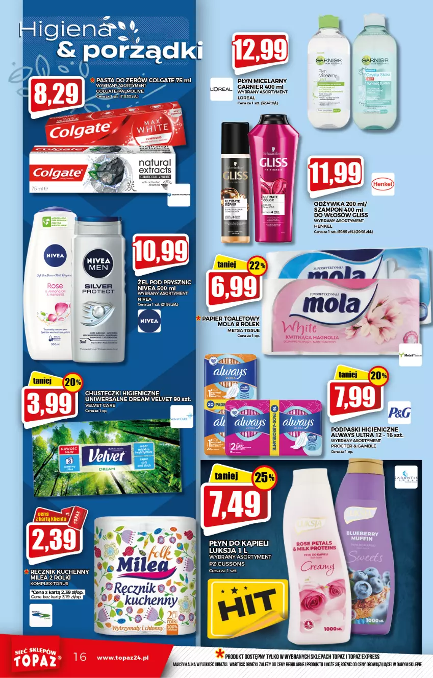 Gazetka promocyjna Topaz - Gazetka - ważna 20.01 do 26.01.2022 - strona 16 - produkty: Always, Always Ultra, Chusteczki, Colgate, Garnier, LG, Luksja, Mola, Nivea, Odżywka, Palmolive, Papier, Papier toaletowy, Pasta do zębów, Płyn do kąpieli, Płyn micelarny, Podpaski, Por, Ręcznik, Ręcznik kuchenny, Sok, Szampon, Top, Velvet