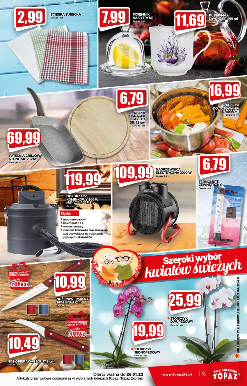 Gazetka promocyjna Topaz - Gazetka - ważna 20.01 do 26.01.2022 - strona 19 - produkty: Absolut, Grill, Kosz, Nagrzewnica elektryczna, Odkurzacz, Patelnia, Patelnia grillowa, Pojemnik, Top