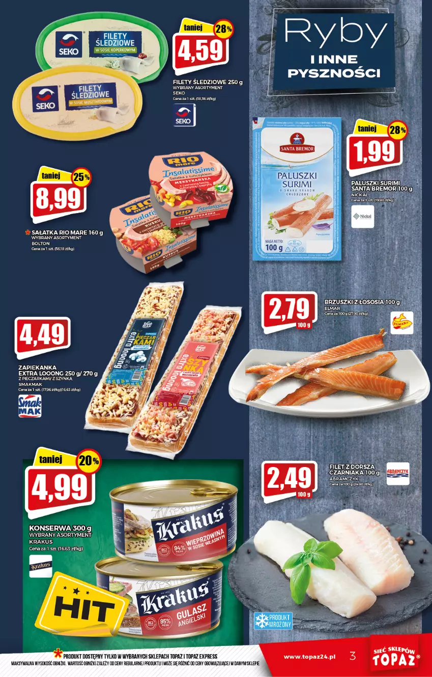 Gazetka promocyjna Topaz - Gazetka - ważna 20.01 do 26.01.2022 - strona 3 - produkty: Krakus, Piec, Pieczarka, Rio Mare, Sałat, Sałatka, SEKO, Ser, Sok, Surimi, Top, Zapiekanka