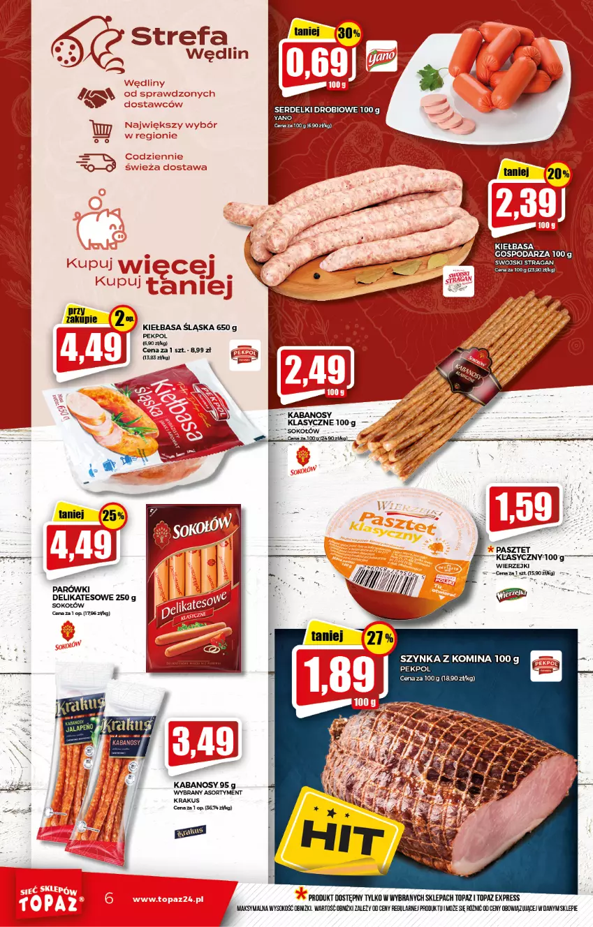 Gazetka promocyjna Topaz - Gazetka - ważna 20.01 do 26.01.2022 - strona 6 - produkty: Fa, Kiełbasa, Kiełbasa śląska, Pasztet, Pekpol, Szynka, Top