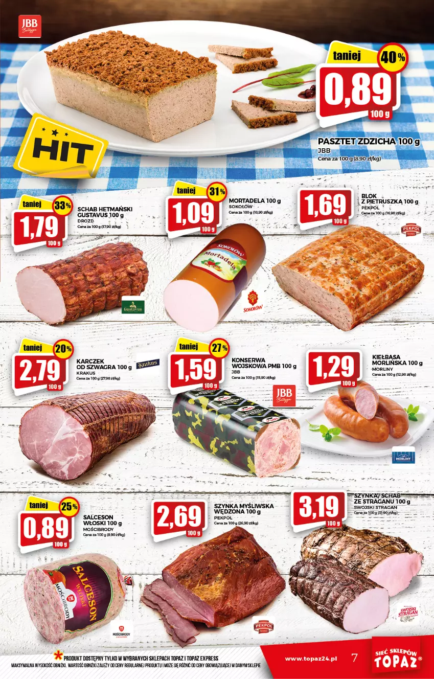 Gazetka promocyjna Topaz - Gazetka - ważna 20.01 do 26.01.2022 - strona 7 - produkty: Gra, Kiełbasa, Krakus, Pekpol, Salceson, Ser, Sok, Szynka, Top