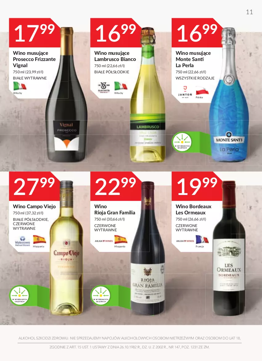 Gazetka promocyjna Stokrotka - Oferta alkoholowa - ważna 16.09 do 13.10.2021 - strona 11 - produkty: Bordeaux, Fa, Gra, Monte, Monte Santi, Mus, Prosecco, Rioja, Wino, Wino musujące